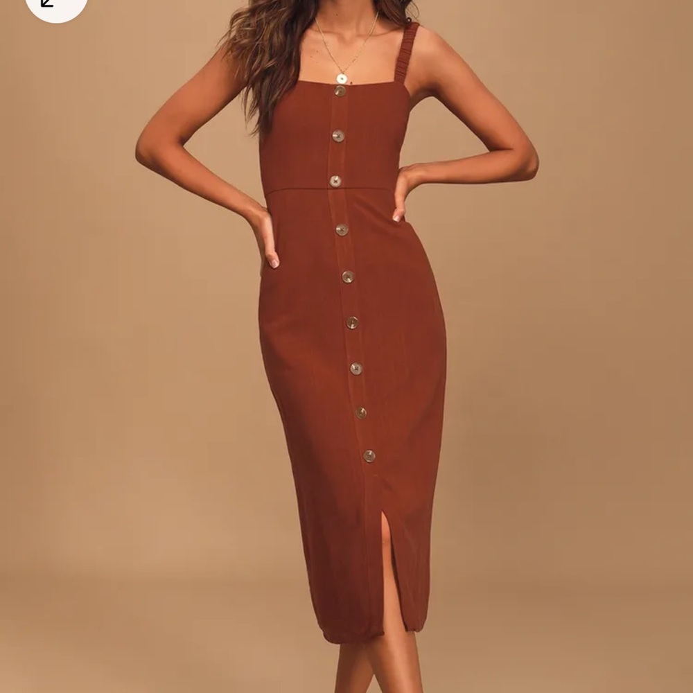 Lulu's Chestnut Button-Front Square-Neck Midi Dress